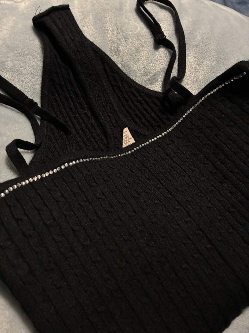Black Rhinestone-Trim Spaghetti Strap Cable Knit Bodysuit Victorias Secret
